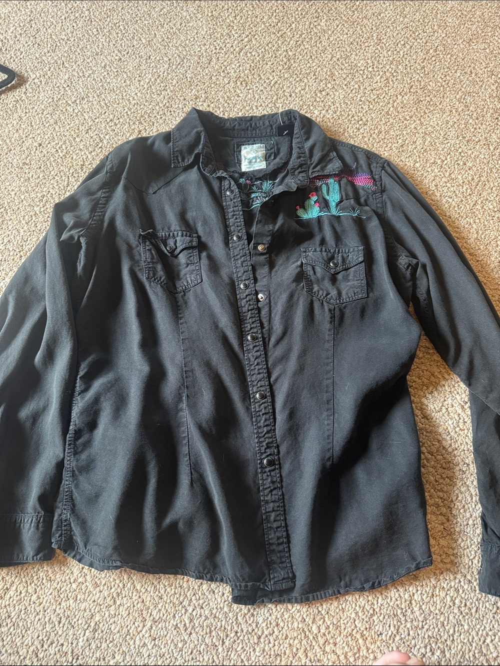 Panhandle Slim Black Button-Down Shirt with Teal & Pink Embroidery